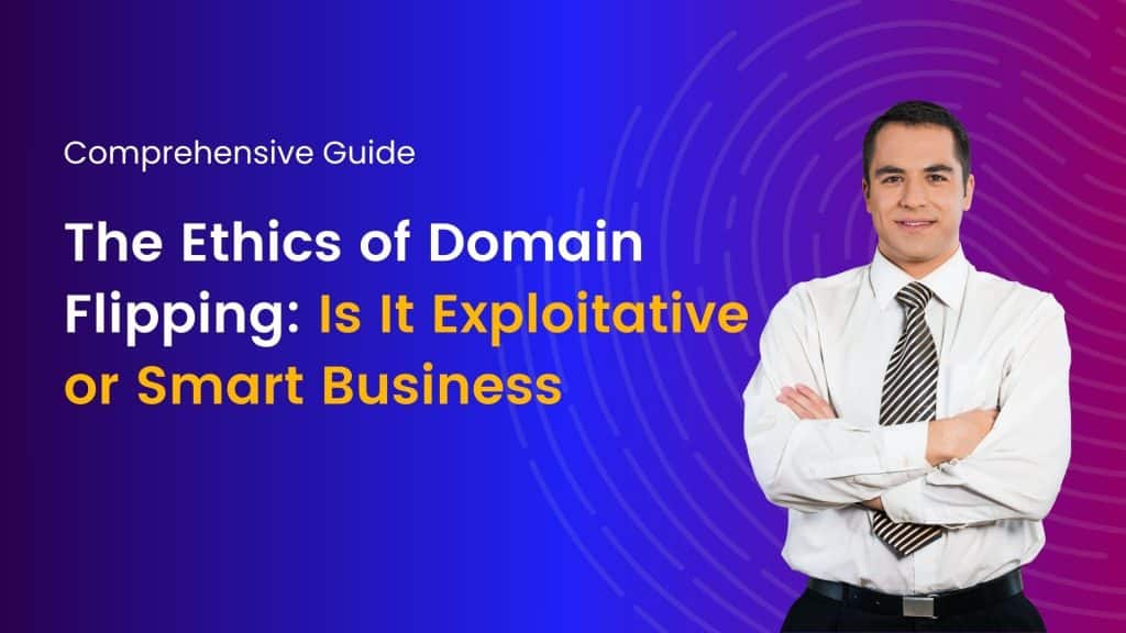 An illustration showing the ethical debate in domain flipping. A businessperson holds a glowing domain name symbolizing fair business practices, while a shadowy figure holds a domain with exaggerated price tags, representing exploitation. The background features a futuristic digital marketplace, emphasizing the contrast between ethical and profit-driven approaches in domain flipping.