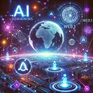 Futuristic digital landscape illustrating the integration of domains, AI, and Web3 technology, featuring a glowing blockchain network, floating domain extensions like .ai and .web3, interconnected AI symbols, and a sleek digital globe symbolizing global connectivity and decentralization