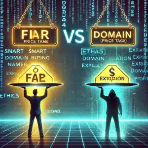 An illustration depicting the ethical debate in domain flipping. A businessperson holds a glowing domain name with a fair price tag on one side, symbolizing ethical practices, while a shadowy figure on the other side holds a domain with exaggerated price tags, representing exploitation. The background features a futuristic digital marketplace with floating domain names, highlighting the contrast between ethics and profit.