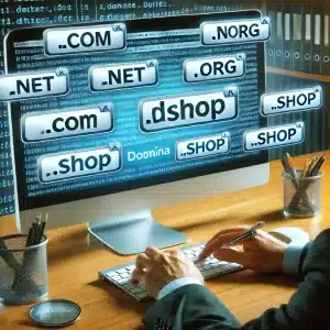 Business owner securing multiple domain variations on a computer screen, showcasing various domain extensions like .com, .net, .org, and .shop.