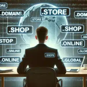 Businessman sitting at a desk with a laptop, reviewing various domain extensions like .store, .shop, .online, and .global, symbolizing the strategic importance of securing multiple domain variations for business success.