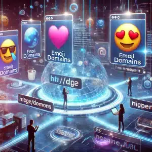 Futuristic digital world showcasing emoji-based domain names. The scene features a glowing digital grid background with floating holographic domain names that incorporate emojis like a heart, smiley face, and coffee cup. People interact with sleek, high-tech devices, browsing and engaging with augmented reality interfaces. The color scheme highlights blues, purples, and neon accents, emphasizing a modern, tech-forward aesthetic.