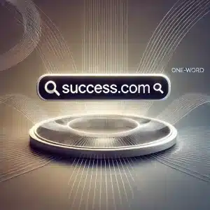 Illustration of a one-word domain example, featuring 'Success.com' in a minimalist design with a search bar and modern abstract background.