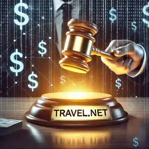 Illustration of a premium domain auction featuring 'Travel.net' on an auction board with a striking gavel and a futuristic background.