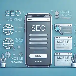 A smartphone screen showing a responsive website with a short domain name, surrounded by icons representing SEO, mobile indexing, and branding, highlighting mobile-first strategies. 