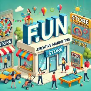 Creative marketing scene featuring unique domain extensions like .fun and .store, with a storefront banner, gaming activities, and vibrant visuals highlighting playful and professional branding.