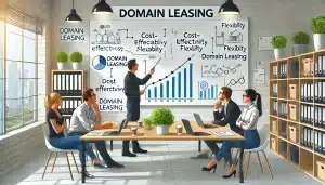 Small business team discussing domain leasing strategies, highlighting cost-effectiveness, scalability, and flexibility with diagrams on a whiteboard. 