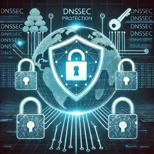 Illustration of DNSSEC protection featuring a shield over a globe, padlocks, and encryption keys symbolizing secure domain systems.