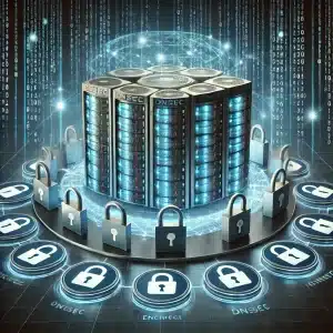 Visual of DNSSEC protection with a DNS server surrounded by locks, shields, and glowing digital lines representing data security.