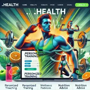 A fitness website promoting a .HEALTH domain focused on wellness and fitness. 