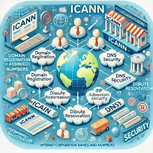 Infographic illustrating the structure and role of ICANN in managing domain names, IP addresses, and DNS security.