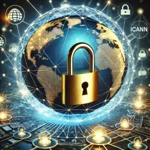 Visual representation of domain name security with a padlock over a globe, symbolizing DNS protection and compliance with ICANN regulations. 