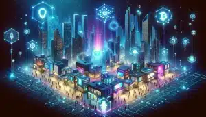 A futuristic virtual cityscape representing the metaverse, with digital buildings and neon lights. People are interacting with avatars and digital assets in a fully immersive virtual environment, with blockchain symbols representing ownership and security.