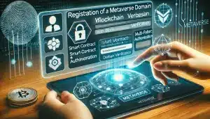 A close-up of a digital screen displaying the registration of a metaverse domain with blockchain verification. Smart contract features and multi-factor authentication options are visible for added security.